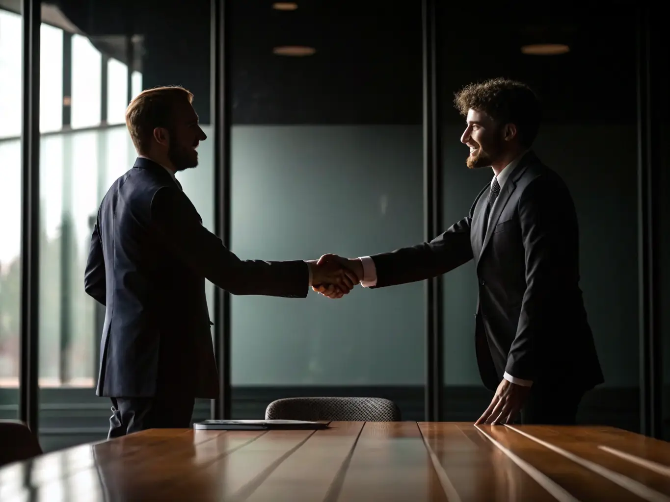 A high-quality photograph illustrating a successful business deal being closed at an event, with participants shaking hands and celebrating a new partnership agreement.