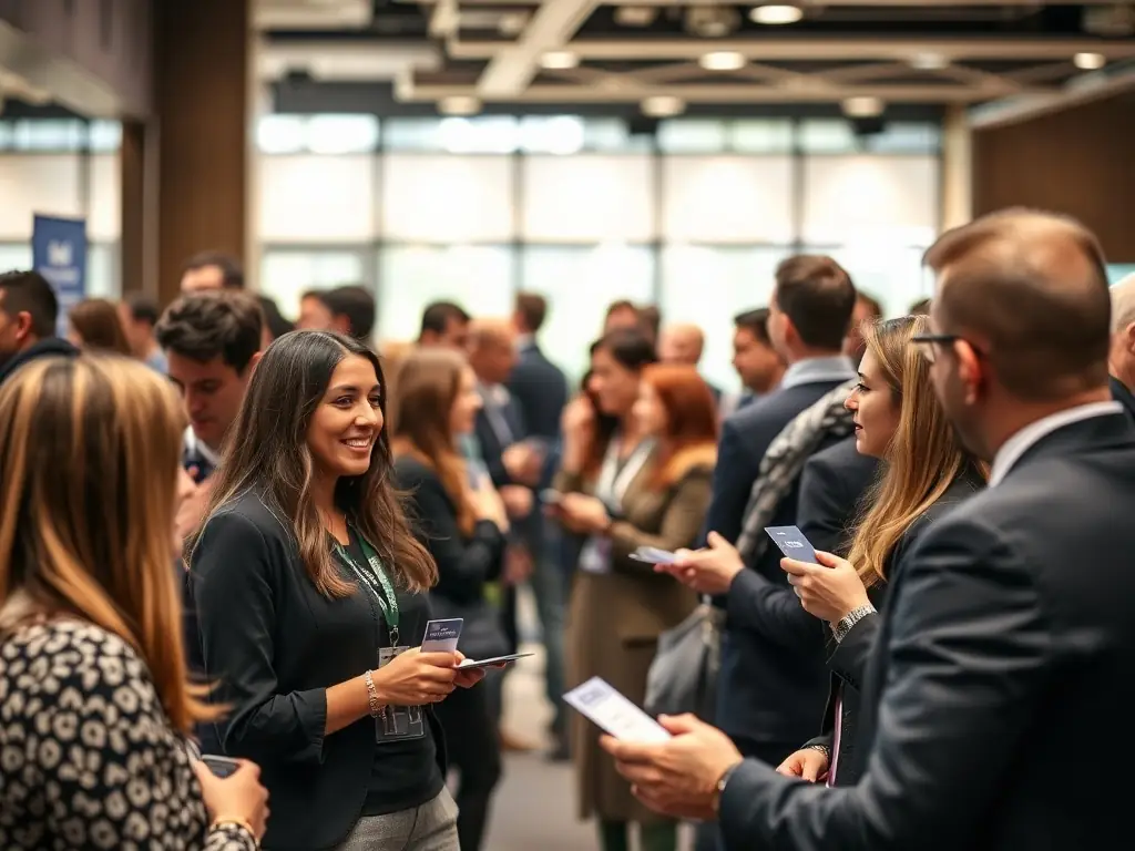 A professional photograph capturing a dynamic networking session at a business event, with attendees actively engaged in conversation and exchanging business cards, set against a modern conference backdrop.